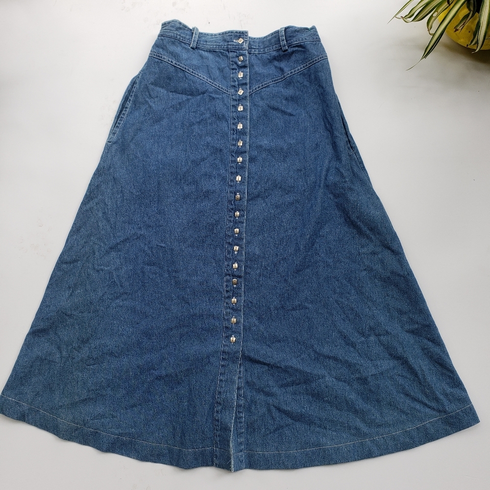 VTG Southwest Canyon Denim Maxi Skirt ■ Cute Button Front